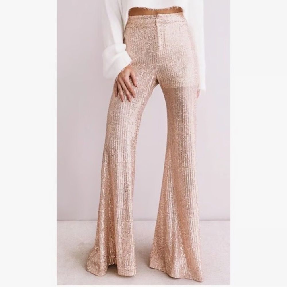 Impressions Sequins Tan & Gold Palazzo Flair Hem Pants L